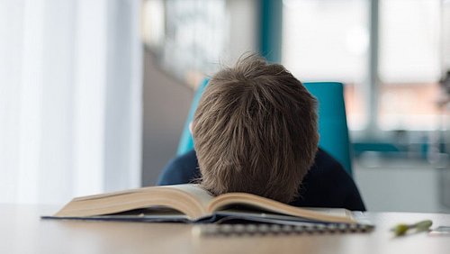 Kind sitzt am Tisch mit dem Kopf auf einem aufgeschlagenem Buch