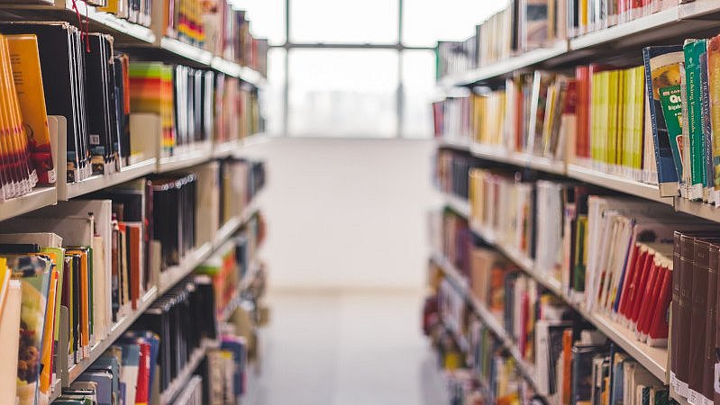 Zwei Reihen Bücher in einer Bibliothek