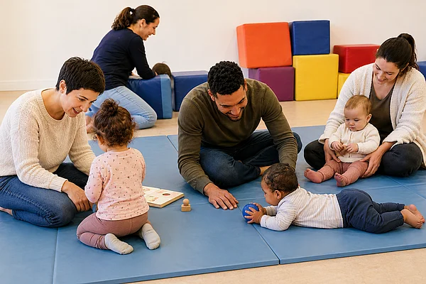 Eine Gruppe von Eltern mit ihren Kleinkindern die auf einer Yogamatte spielen