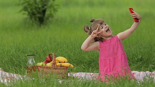 Mädchen auf Graswiese beim Picknicken macht ein Selfie auf Handy